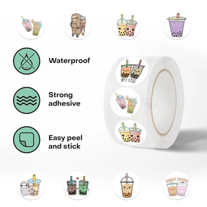 Roll of cartoon boba tea stickers with waterproof and strong adhesive features