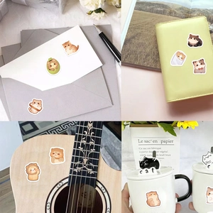 Cute cartoon cat stickers for planners and envelopes shown in various lifestyle settings