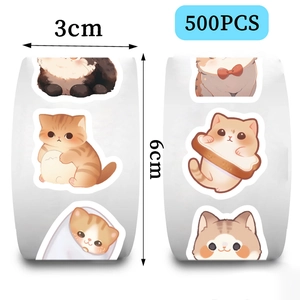 Detail of 500pcs cat stickers roll showing 3cm width and 6cm roll height size