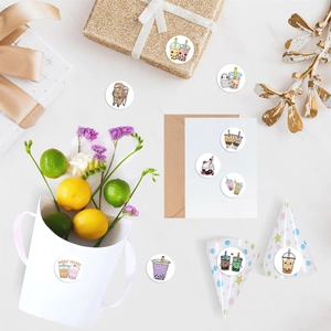 500pcs roll of cute Boba Tea and animal round decorative stickers for gift wrapping