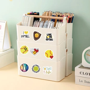 Detail view of colorful softball sports stickers applied on a white storage box surface