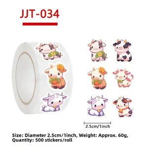 Detail showing 2.5cm colorful cartoon cow sticker roll with 500 adhesive labels