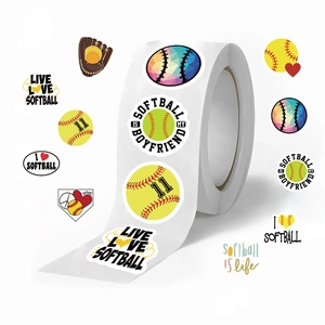 Roll of 500 softball theme decorative stickers with diverse athletic graphic designs