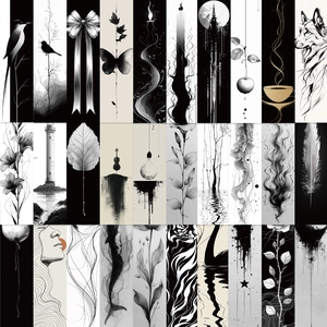 30pcs minimalist black and white ink line bookmarks with artistic nature and animal patterns