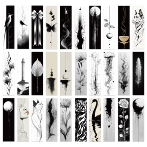 Detail view of 30 minimalist black and white ink line bookmarks with various artistic patterns