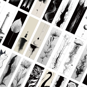 Black and white ink art paper bookmarks featuring nature and animal illustrations