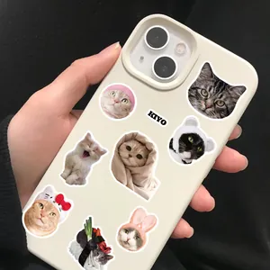 Détail d'autocollants de chats mignons sur une coque crème avec divers félins