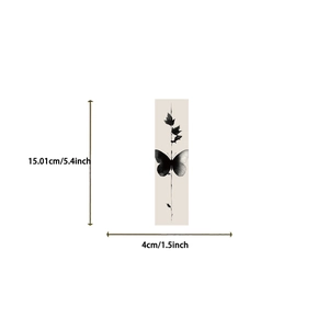 Detail view of monochrome ink butterfly tattoo sticker with 15.01cm x 4cm size markers