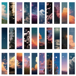 Set of 30 minimalist paper bookmarks featuring moon, sky, and floral scenery photography