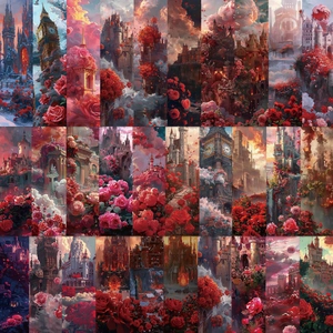 Détail de 30 marque-pages romantiques avec roses et châteaux, illustrations fantaisie d'art