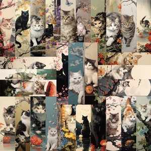 Marque-pages vintage de style japonais avec illustrations artistiques de chats et fleurs
