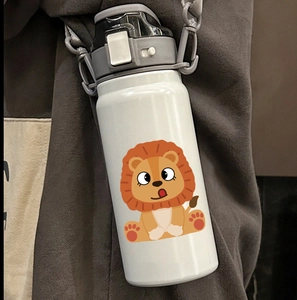 White stainless steel cartoon lion water bottle with grey strap for outdoor use