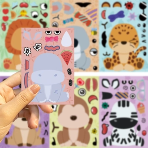 DIY cartoon animal stickers showing a child's hand holding a hippo make-a-face sheet