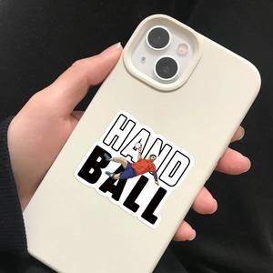 Close-up of a beige iPhone case featuring a handball player motif and handball text