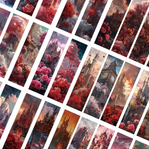 Marque-pages roses romantiques avec châteaux fantastiques et horloges en tons rouges et dorés