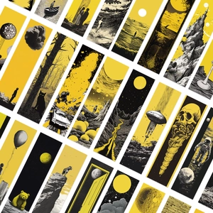 Minimalist artistic bookmarks with yellow and black surrealist illustrations set