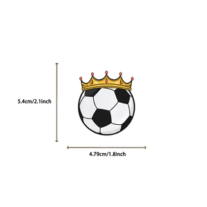 Close-up of a crown-adorned soccer ball sticker with precise size measurements