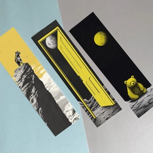 Artistic bookmarks set featuring surreal tiger, door, and bear in yellow and black tones