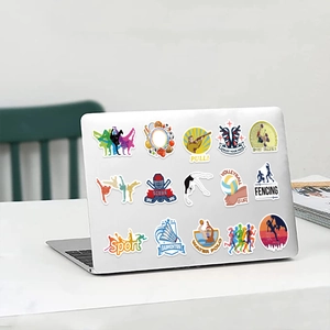 Close-up of sports collection graffiti stickers applied to a laptop lid for DIY decor