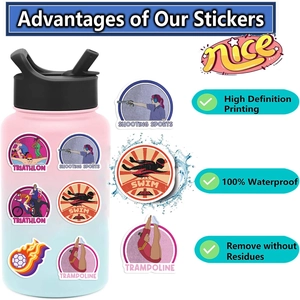 Detailed sports collection stickers including triathlon and swimming icons on a water bottle