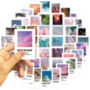 50pcs INS style waterproof stickers featuring purple sunset landscapes and English typography