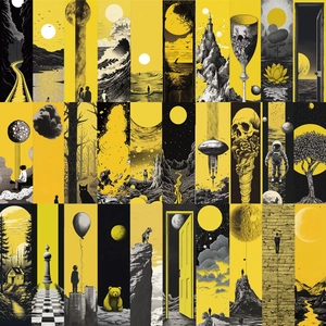 Close-up of surrealist yellow and black paper bookmarks with artistic landscape designs