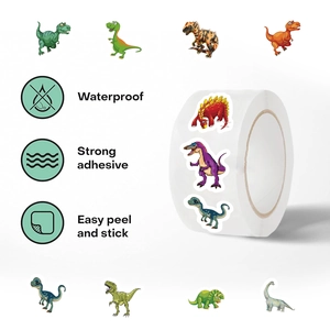 Detail of colorful dinosaur stickers roll showing waterproof and easy-peel features
