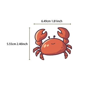 Detailed dimensions of a red cartoon crab sticker measuring 6.49cm by 5.55cm in size