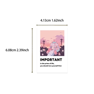 Detail view of sunset anime girl sticker showing dimensions 4.13cm width and 6.08cm height