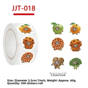 Detail of 2.5cm cat meme food stickers showing 500 adhesive round labels per roll
