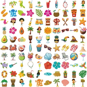 Collage of 100 summer beach style waterproof vinyl stickers for laptop and luggage decor