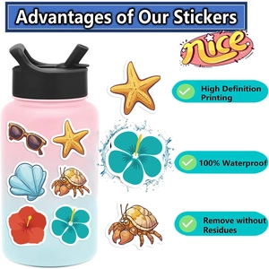 100pcs summer beach style waterproof stickers showing ocean elements on a blue water bottle