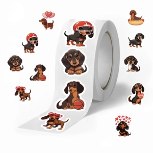 500-count roll of funny cartoon dachshund stickers with various cute sports and heart poses