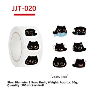 500pcs Black Cat Emoji Sticker Roll 1 inch Cute Decorative Seal Labels for Scrapbooking