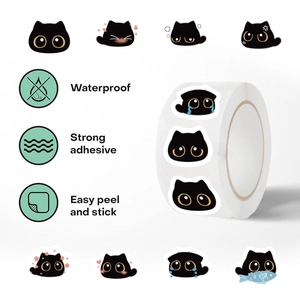 500-count black cat expression sticker roll with waterproof and easy-peel design