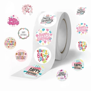 Roll of 500 colorful cartoon Happy Birthday stickers for gift wrapping and envelopes