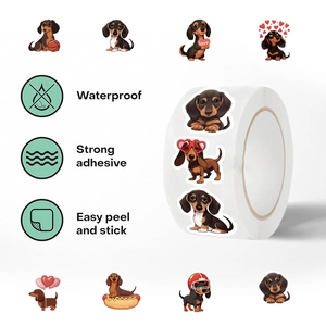 Detail of waterproof dachshund cartoon stickers showing strong adhesive rolls for decoration