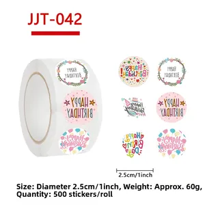 Detail of 1-inch round Happy Birthday sticker roll with 500 decorative labels
