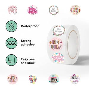500pcs Happy Birthday cartoon sticker roll with waterproof and strong adhesive backing