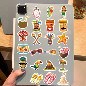 Hawaii beach stickers applied to a gray tablet case on a cozy wooden desk setup