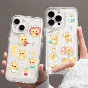 Cute Korean bear stickers on transparent TPU phone cases for iPhone models with handles