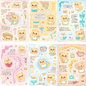 Detail of waterproof cartoon bear stickers for scrapbooking with dessert and bow motifs