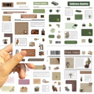 Vintage newspaper style waterproof stickers for journaling with retro furniture and English text