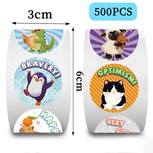 Detail van tekenfilm dierenbeloningsstickers met motivatieteksten, 500 stuks per rol van 3cm