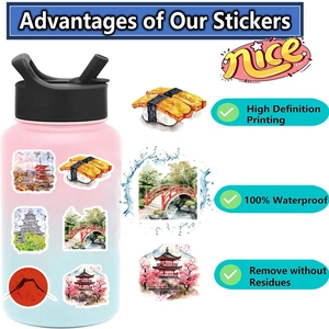 Autocollants de voyage japonais étanches avec motifs aquarelle Fuji et sushi sur gourde