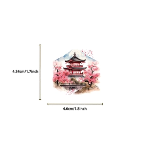 Vue détaillée d'un autocollant de voyage Japon aquarelle avec pagode et cerisiers