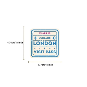 Close-up of square vintage London England travel sticker showing 1.8 inch dimensions