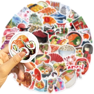 Lot de 64 stickers japonais aquarelle avec motifs Sushi, Ramen et Mont Fuji