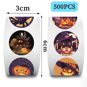 500PCS Halloween roll stickers featuring pumpkins, ghosts, and black cats in 3cm size