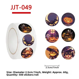 Detail of 1-inch Halloween stickers roll with pumpkin and ghost patterns for sealing